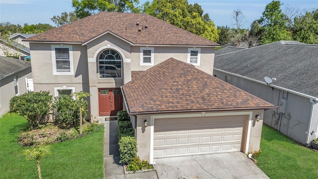 122 Carmel Bay Dr, Sanford, FL 32771 - traditional-style house featuring a front yard, an attached garage, stucco siding, a shingled roof, and concrete driveway