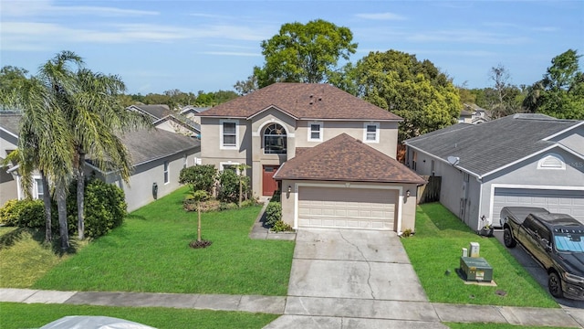 122 Carmel Bay Dr, Sanford, FL 32771 - traditional-style home with a front lawn, roof with shingles, stucco siding, driveway, and an attached garage