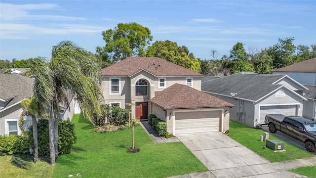 122 Carmel Bay Dr, Sanford, FL 32771 - traditional-style house featuring stucco siding, driveway, a shingled roof, a front yard, and an attached garage