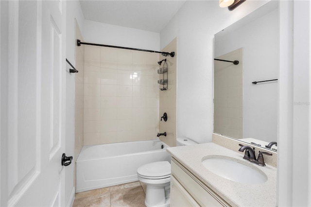 full bath with bathing tub / shower combination, toilet, vanity, and tile patterned flooring