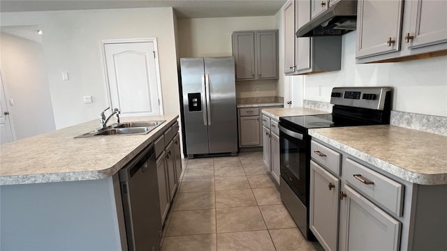 2597 Shamrock St, Tavares, FL 32778 - kitchen with a sink, gray cabinets, under cabinet range hood, and stainless steel appliances