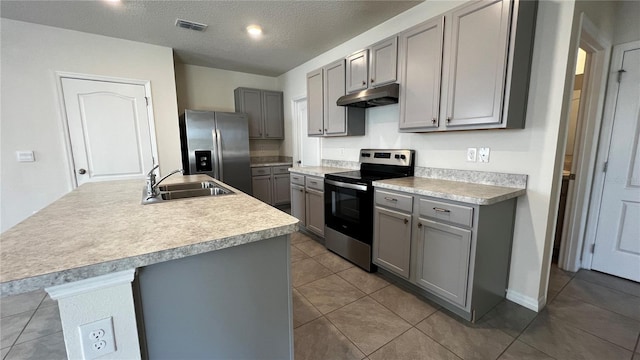 2597 Shamrock St, Tavares, FL 32778 - kitchen featuring visible vents, gray cabinetry, a sink, under cabinet range hood, and appliances with stainless steel finishes