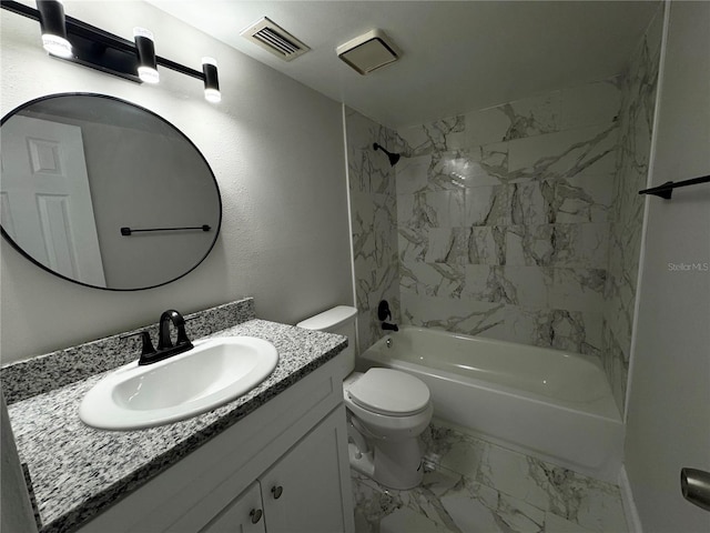 full bathroom featuring visible vents, toilet, marble finish floor, shower / washtub combination, and vanity