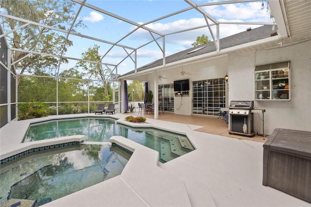 551 Wheatstone Pl, Orlando, FL 32835 - view of swimming pool featuring area for grilling, ceiling fan, a pool with connected hot tub, glass enclosure, and a patio area