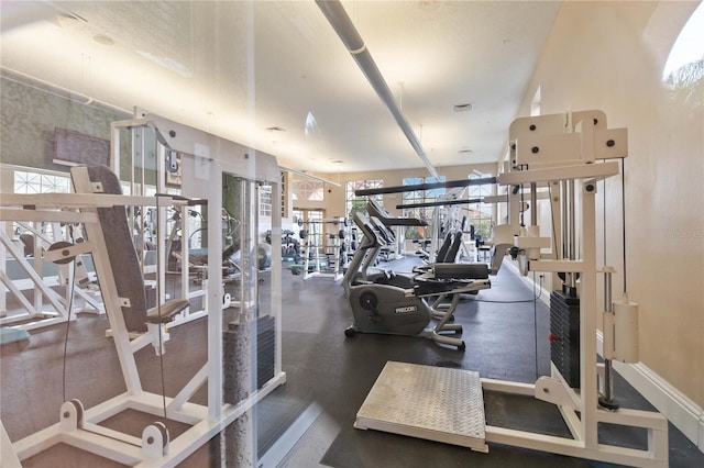 exercise room with a healthy amount of sunlight and baseboards