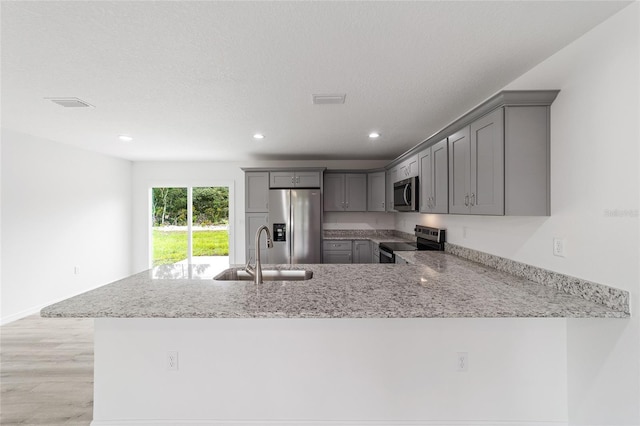 23741 SW Blueberry Ln, Dunnellon, FL 34431 - kitchen with appliances with stainless steel finishes, gray cabinetry, a peninsula, light wood-style flooring, and light stone counters