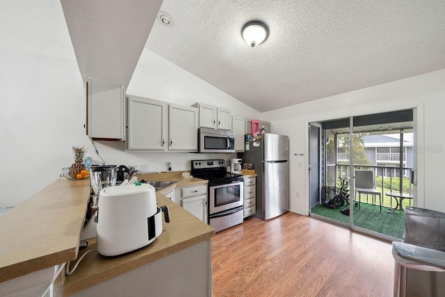 5417 Lake Margaret Dr Unit 39, Orlando, FL 32812 - kitchen featuring stainless steel appliances, a textured ceiling, vaulted ceiling, light countertops, and light wood-style flooring
