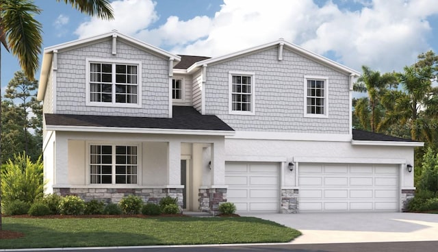 view of front facade featuring stucco siding, a front lawn, driveway, stone siding, and an attached garage