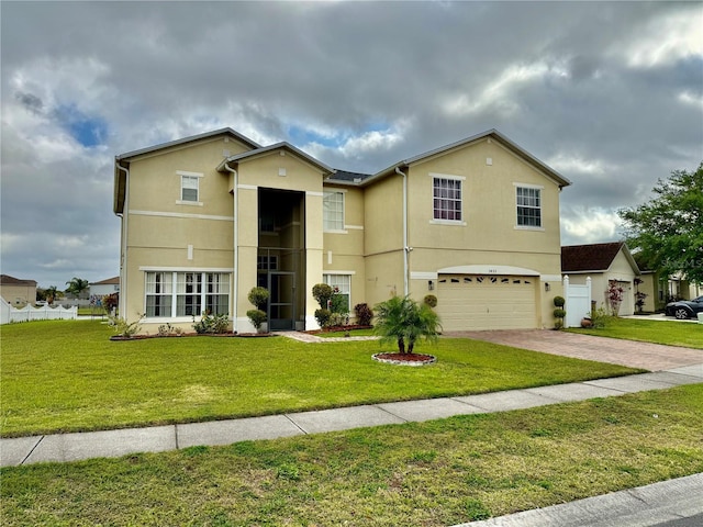 traditional-style home with a front yard, a garage, driveway, and stucco siding