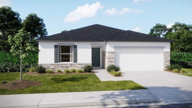 ranch-style house with concrete driveway, an attached garage, stone siding, and stucco siding