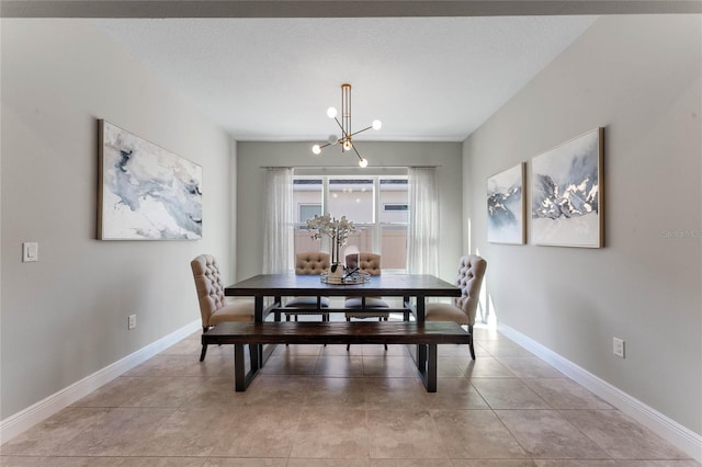 dining area featuring light tile patterned floors, baseboards, a textured ceiling, and an inviting chandelier