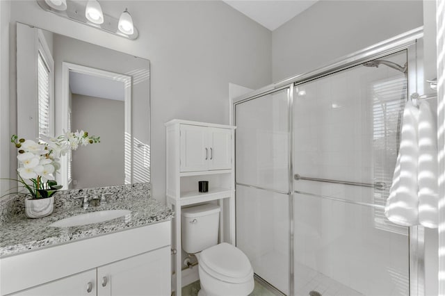 bathroom with vanity, toilet, and a stall shower