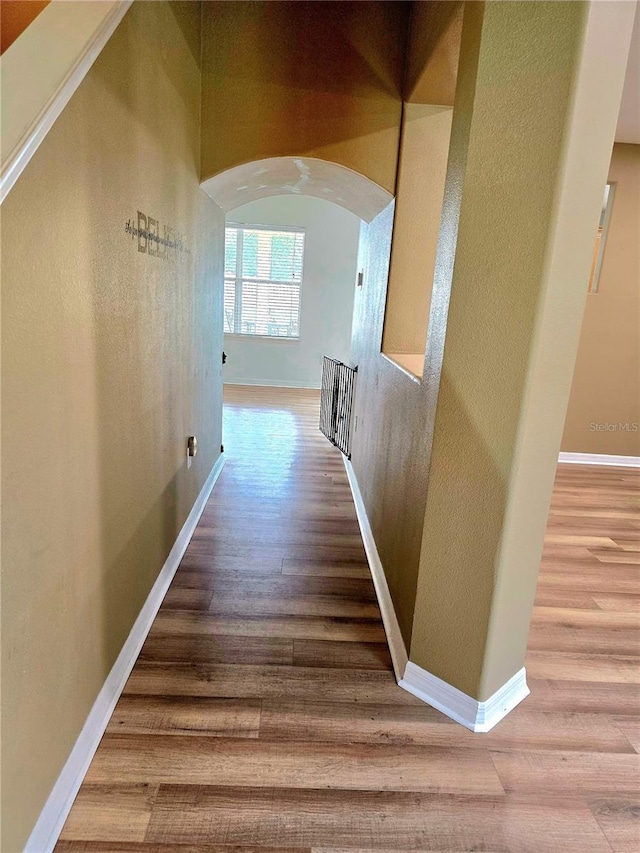 25012 Chipshot Ct, Sorrento, FL 32776 - corridor featuring wood finished floors, arched walkways, and baseboards