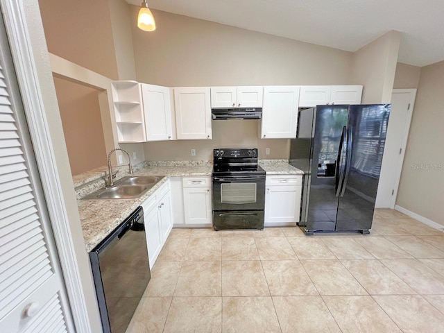 kitchen with black appliances, a sink, open shelves, ventilation hood, and white cabinets