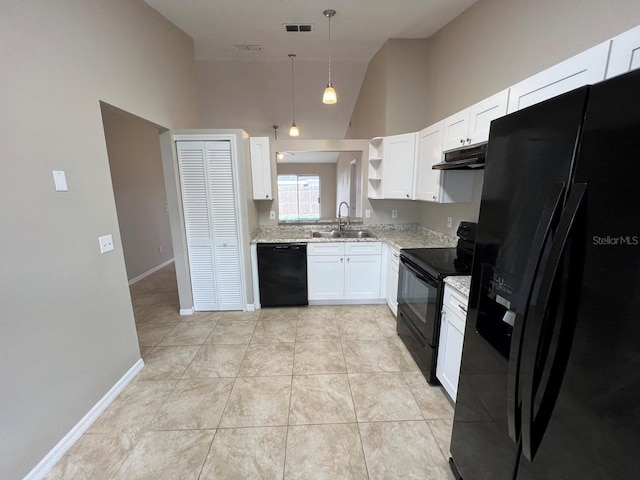 kitchen featuring visible vents, black appliances, a sink, open shelves, and under cabinet range hood