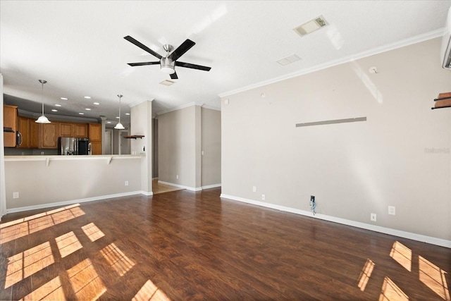 unfurnished living room with dark wood-style flooring, baseboards, crown molding, visible vents, and ceiling fan