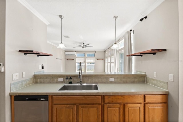 kitchen with crown molding, open shelves, a wall mounted AC, dishwasher, and a sink