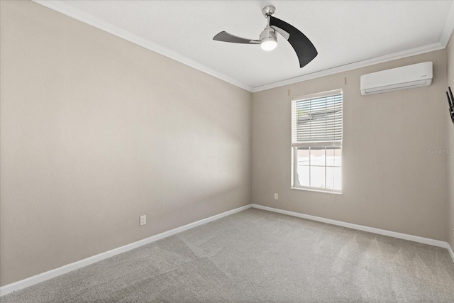 carpeted empty room featuring a wall mounted AC, ceiling fan, baseboards, and ornamental molding