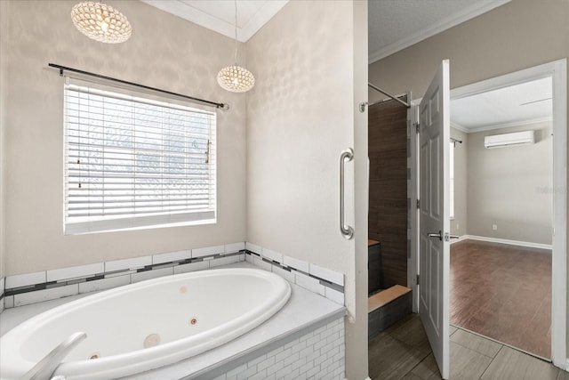 bathroom with a tub with jets, ornamental molding, a wall mounted air conditioner, tiled shower, and wood finished floors