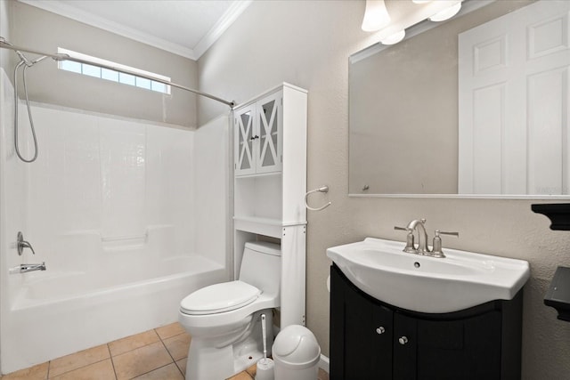 full bath featuring crown molding, vanity, tile patterned flooring, toilet, and shower / bathing tub combination