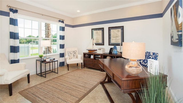 tiled office space with recessed lighting, baseboards, and crown molding