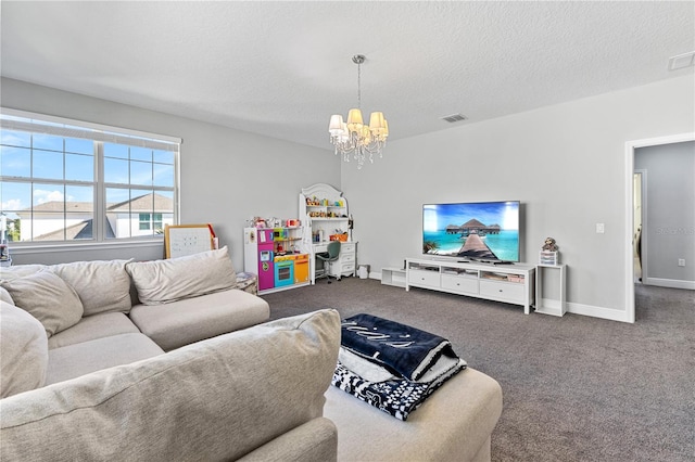 14645 Scott Key Dr, Winter Garden, FL 34787 - carpeted living area with a notable chandelier, a textured ceiling, baseboards, and visible vents