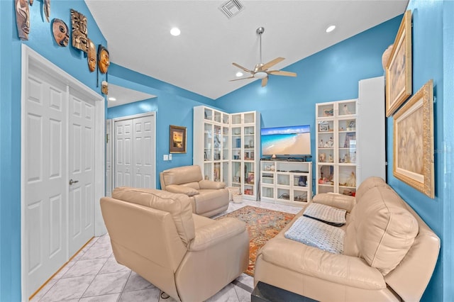 10589 Pelican Dr, Wellington, FL 33414 - living area featuring visible vents, ceiling fan, vaulted ceiling, light tile patterned floors, and recessed lighting