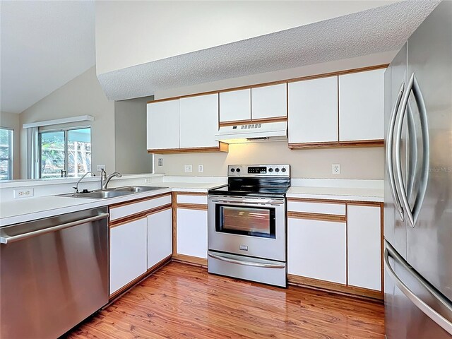 358 Morning Creek Cir, Apopka, FL 32712 - kitchen with a sink, light countertops, under cabinet range hood, appliances with stainless steel finishes, and white cabinetry