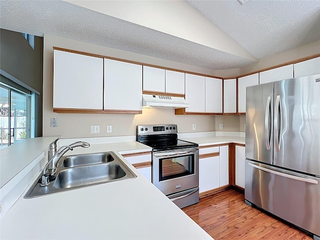 358 Morning Creek Cir, Apopka, FL 32712 - kitchen with under cabinet range hood, a sink, appliances with stainless steel finishes, white cabinets, and light countertops
