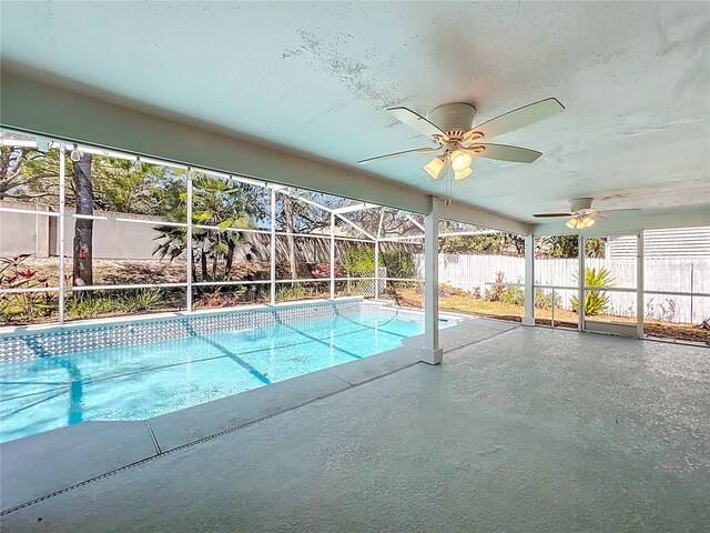 358 Morning Creek Cir, Apopka, FL 32712 - view of swimming pool with a patio, fence, glass enclosure, a fenced in pool, and ceiling fan