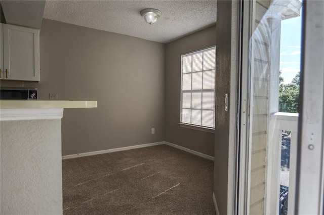 interior space featuring baseboards, dark carpet, and a textured ceiling