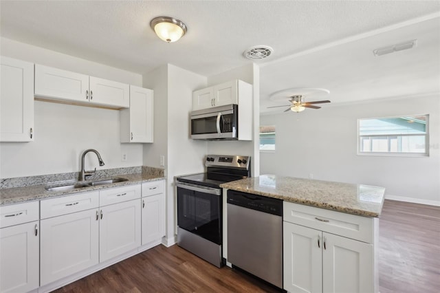 kitchen featuring white cabinetry, stainless steel appliances, a sink, ceiling fan, and visible vents