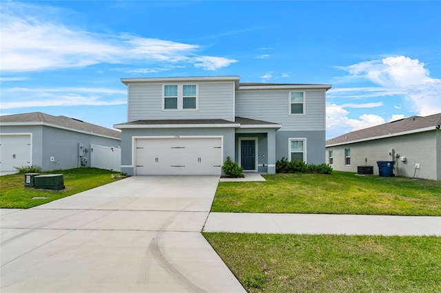 1506 Finnigan Cir, Haines City, FL 33844 - traditional-style home with a front lawn, driveway, cooling unit, a shingled roof, and a garage