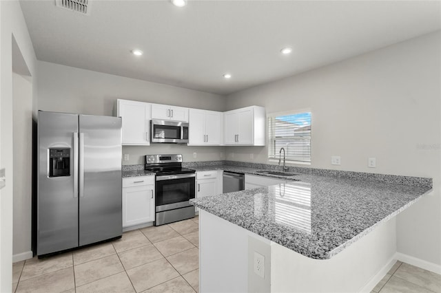 1506 Finnigan Cir, Haines City, FL 33844 - kitchen with visible vents, a sink, appliances with stainless steel finishes, a peninsula, and white cabinets