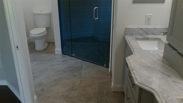 1760 Imperial Palm Dr, Apopka, FL 32712 - bathroom featuring a stall shower, tile patterned floors, toilet, vanity, and baseboards