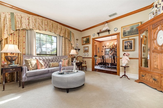 132 Pleasant Valley Dr, Daytona Beach, FL 32114 - living area featuring visible vents, carpet floors, crown molding, baseboards, and a chandelier