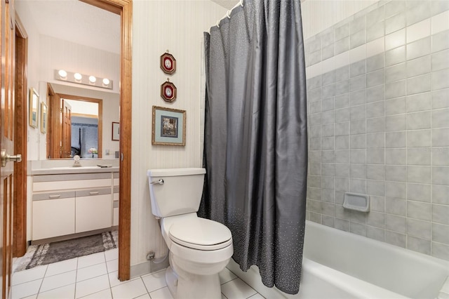 132 Pleasant Valley Dr, Daytona Beach, FL 32114 - bathroom featuring tile patterned flooring, wallpapered walls, toilet, shower / tub combo with curtain, and vanity