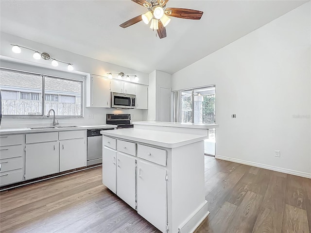 2253 Atrium Cir, Orlando, FL 32808 - kitchen with a sink, appliances with stainless steel finishes, lofted ceiling, light wood-style floors, and light countertops