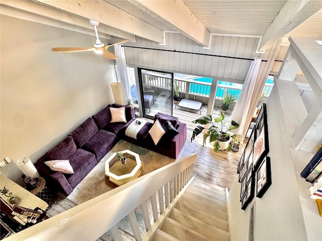 204 Tomoka Trl Unit 204, Longwood, FL 32779 - living area with beamed ceiling, ceiling fan, and hardwood / wood-style floors