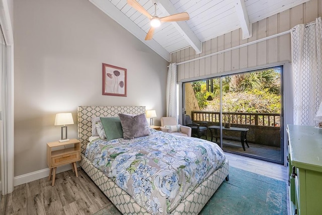 204 Tomoka Trl Unit 204, Longwood, FL 32779 - bedroom with access to outside, beamed ceiling, high vaulted ceiling, wood finished floors, and baseboards