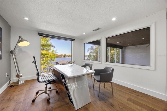 7841 Georgeann St, Winter Park, FL 32792 - home office with a textured ceiling, baseboards, hardwood / wood-style floors, recessed lighting, and a water view