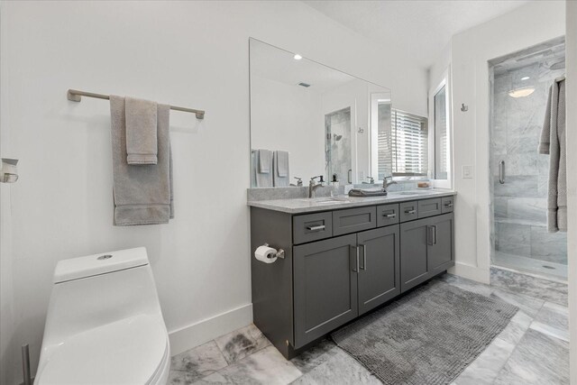 7841 Georgeann St, Winter Park, FL 32792 - full bath with marble look tiles, baseboards, a stall shower, vanity, and toilet