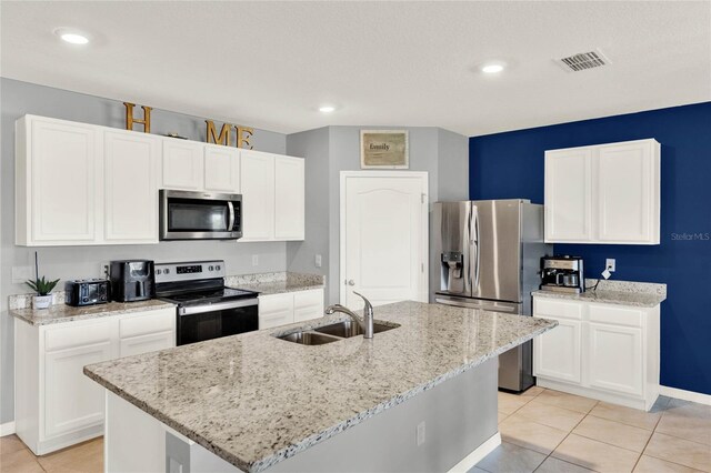 11207 Amber Ridge Dr, Zellwood, FL 32798 - kitchen featuring visible vents, white cabinets, a sink, and stainless steel appliances