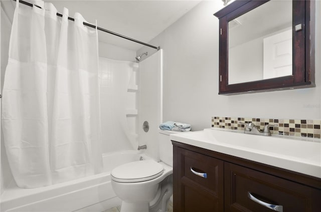 full bath with shower / bath combo, vanity, toilet, decorative backsplash, and visible vents
