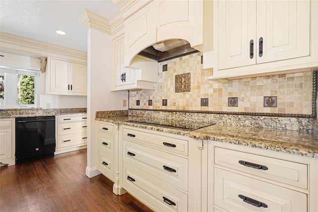 1701 Palmer Ave, Winter Park, FL 32789 - kitchen with dark wood finished floors, black appliances, custom range hood, and light stone countertops