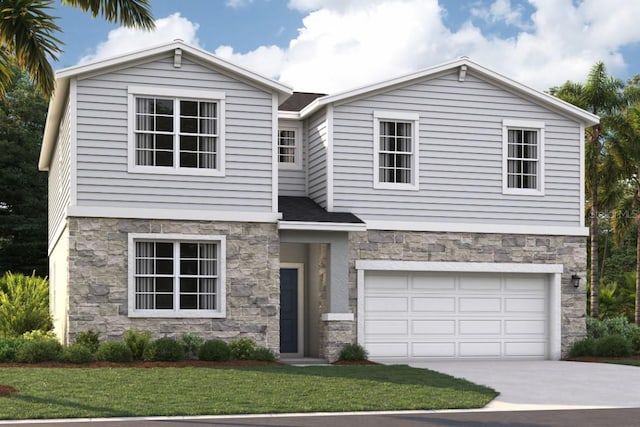 view of front facade featuring stone siding, a front lawn, concrete driveway, and an attached garage