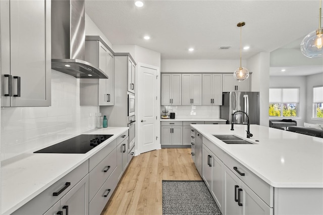 14004 Gullstrand Ave, Orlando, FL 32827 - kitchen with a sink, wall chimney exhaust hood, gray cabinets, and appliances with stainless steel finishes