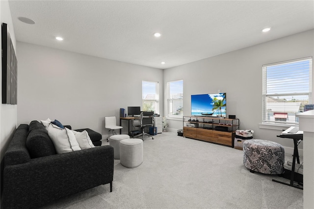 14004 Gullstrand Ave, Orlando, FL 32827 - carpeted living room with baseboards, a textured ceiling, and recessed lighting