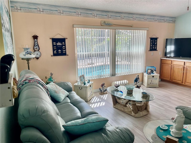 living area with light wood-type flooring and a textured ceiling