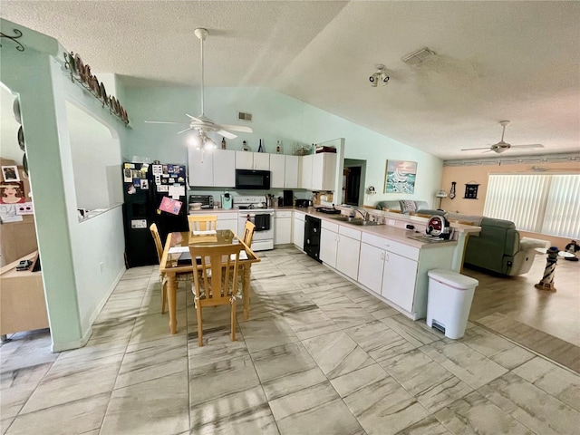 6037 Hickory Grove Ln, Port Orange, FL 32128 - kitchen with black appliances, a ceiling fan, a peninsula, vaulted ceiling, and a sink